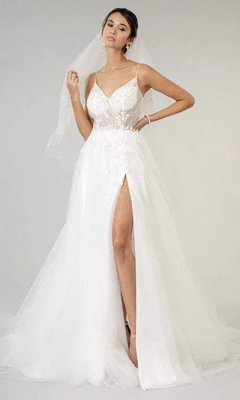 Elizabeth K - GL1907 V-Neck Embroidered Sheer Bodice Slit Wedding Gown