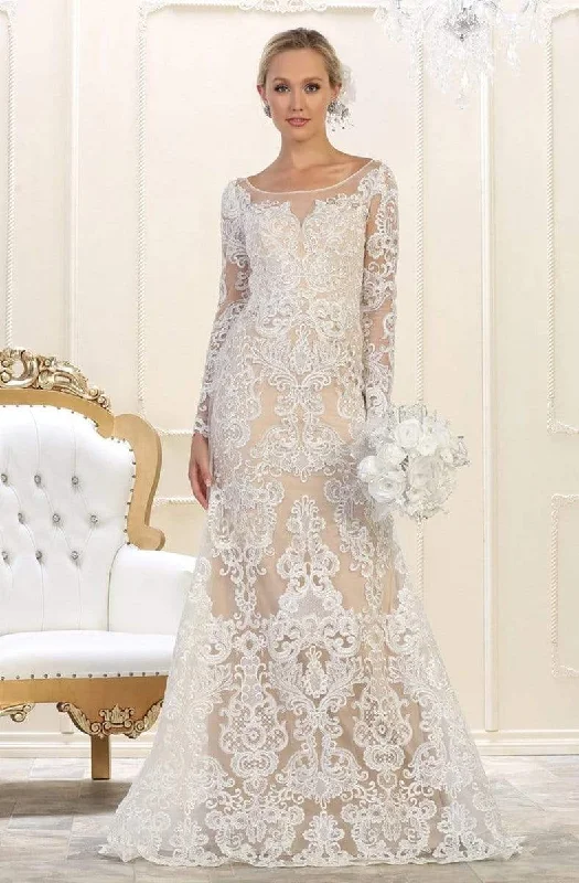 May Queen - RQ7603 Embroidered Long Sleeve Bateau Trumpet Dress