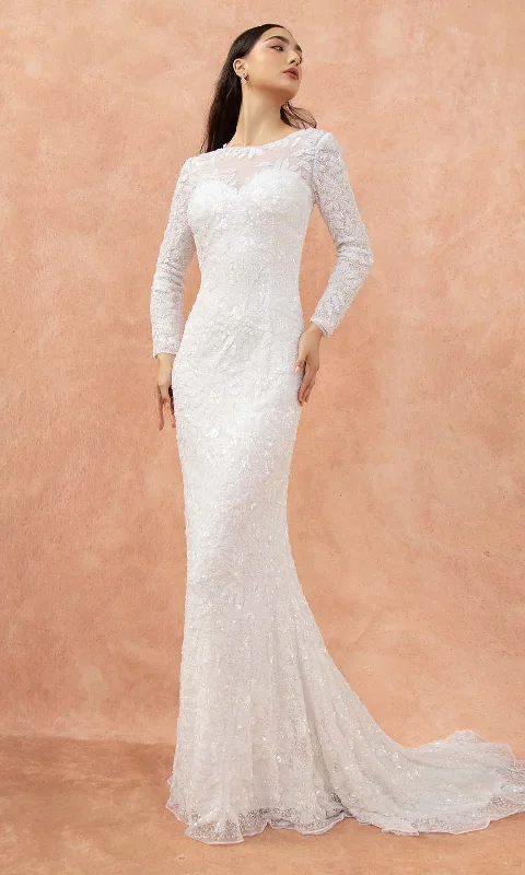 Primavera Bridal - 11034 Sheer Long Sleeve Beaded Illusion Bateau Neckline Bridal Gown