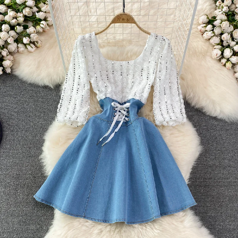 Cute Denim Sequin Panel Dress    S427