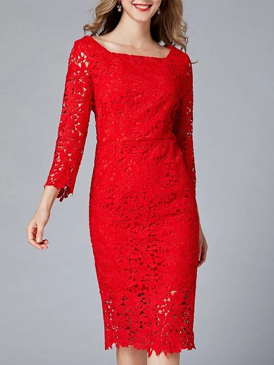 Michell Red Square Neck Crochet Lace Plus Size Formal Wedding Occasion Cocktail Evening Dress