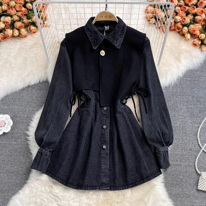 Fashionable Loose Mid-length Two-piece Denim Dress       S3907