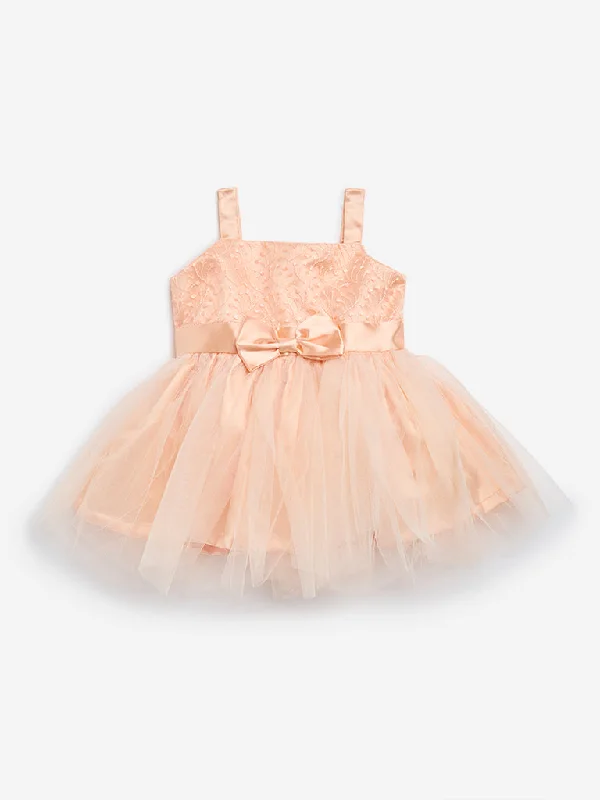 HOP Baby Peach Floral Embroidered Party Dress