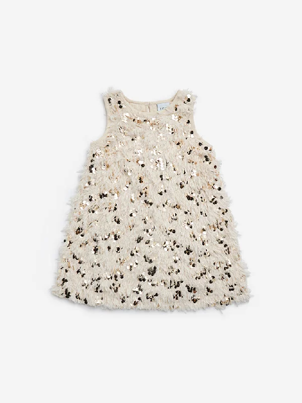 HOP Kids Light Gold Sequined Faux-Fur Party Dress