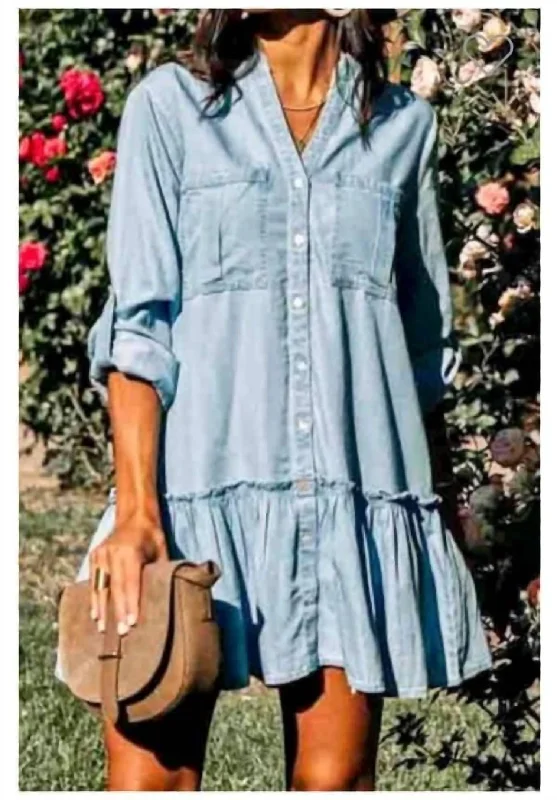 Boho Chambray Rolled Sleeve Ruffle Denim Dress In Blue