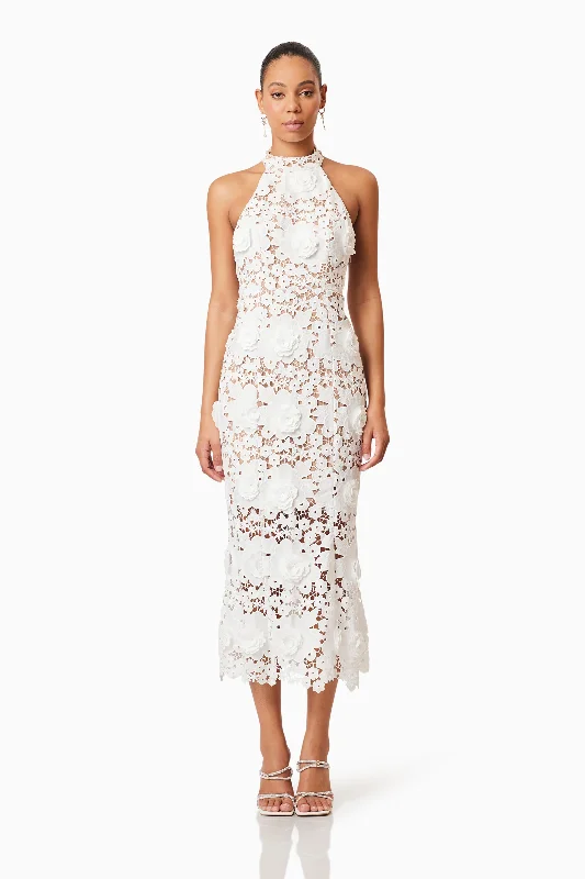 Daffodil Halter Lace Cocktail Midi Dress In White