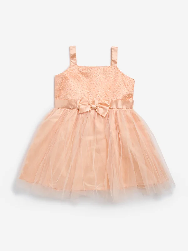 HOP Kids Peach Floral Embroidered Party Dress