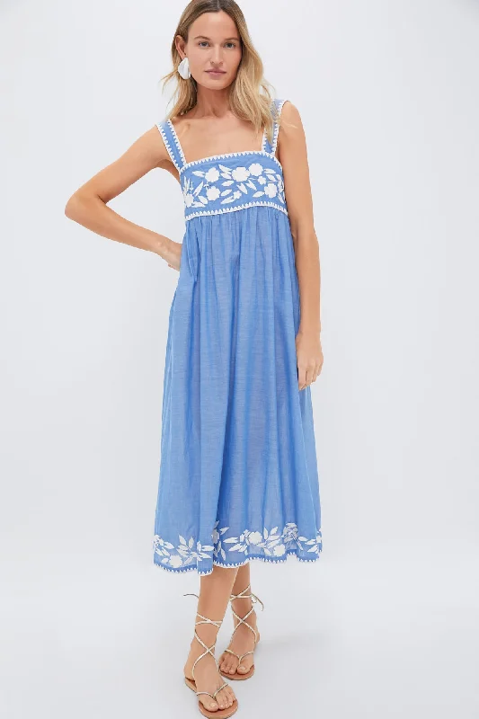 Denim and Cream Chambray Tie Back Dress with Embroidery