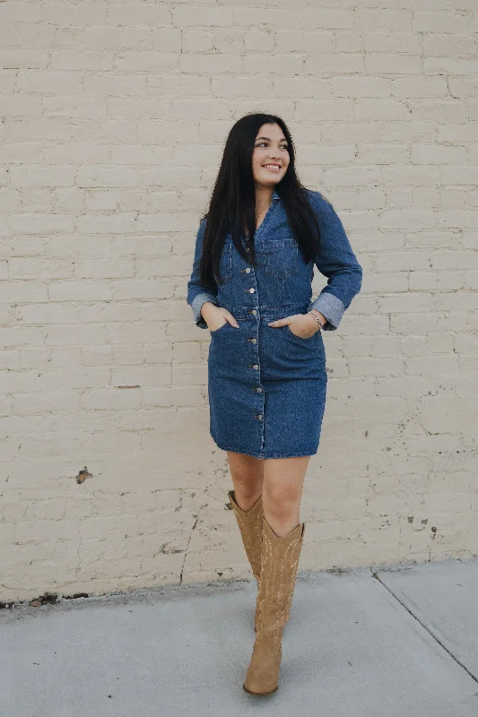 BUTTON DOWN LONG SLEEVE MINI DENIM DRESS