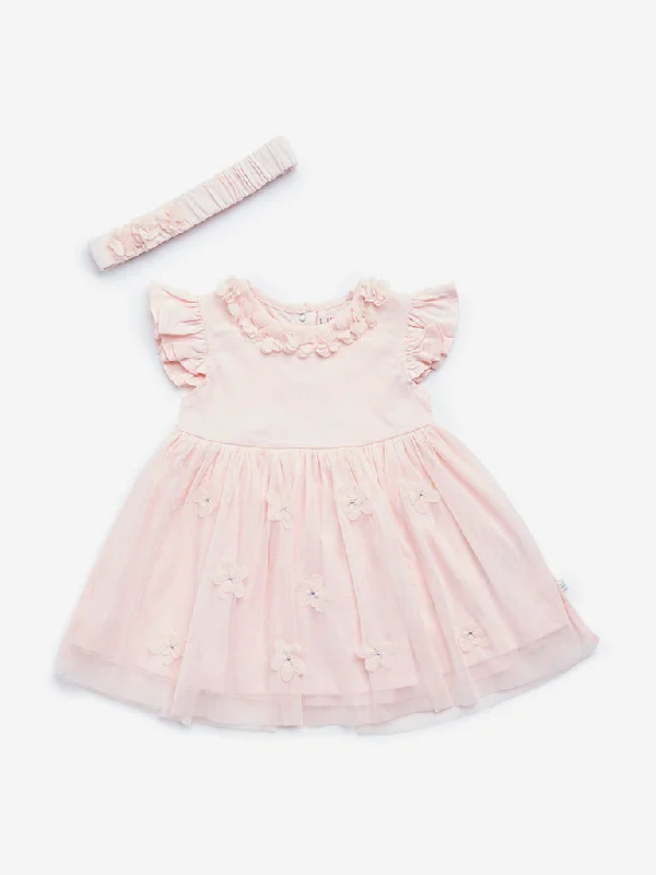 HOP Baby Pink Floral Cotton Party Dress with Headband