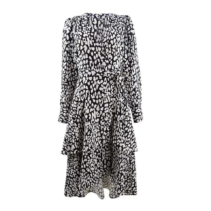 Calvin Klein Women's Animal-Print High-Low Wrap Dress (6, Black/Cream)