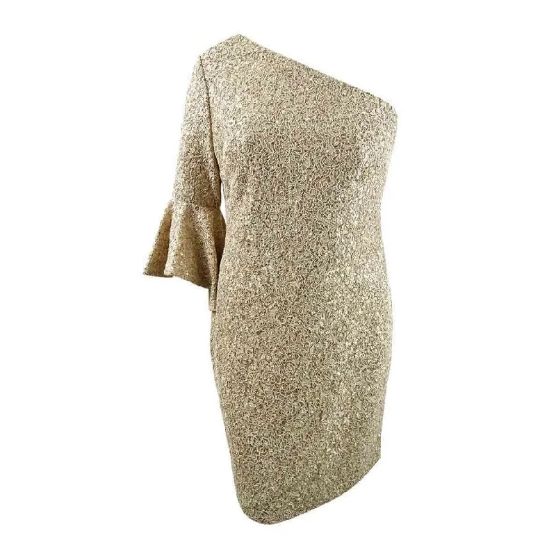 Calvin Klein Women's Lace & Sequin One-Shoulder Dress (16, Beige)