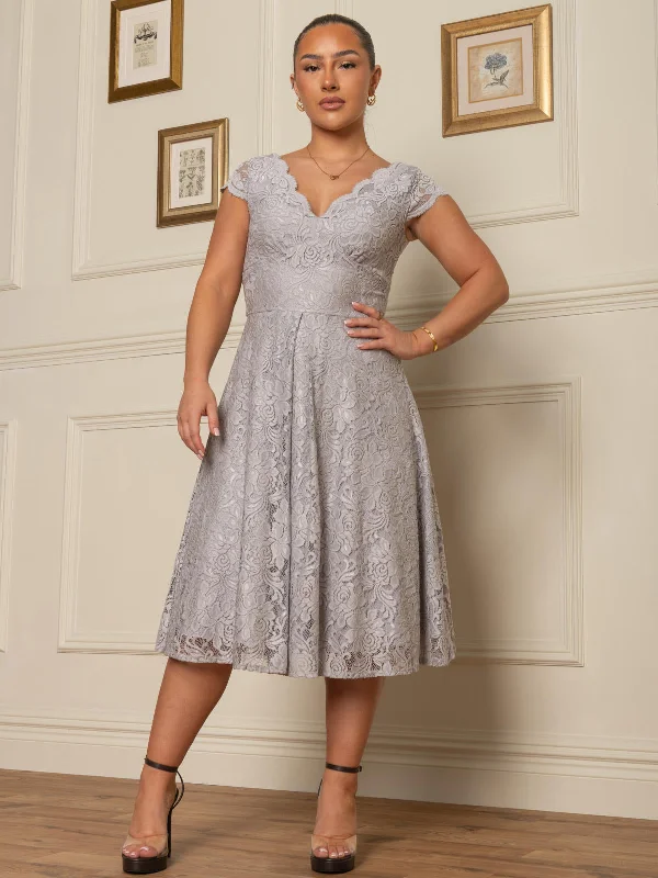 Cap Sleeve Scalloped Lace Dress, Grey