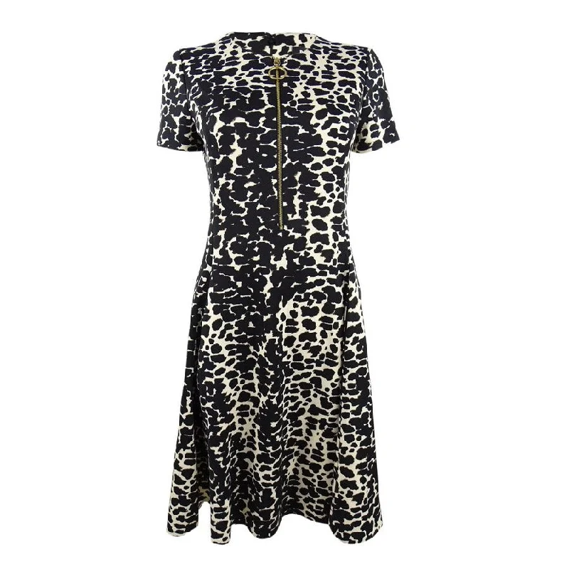 DKNY Women's Animal Print Zip Front A-Line Dress (6, Black/Khaki)