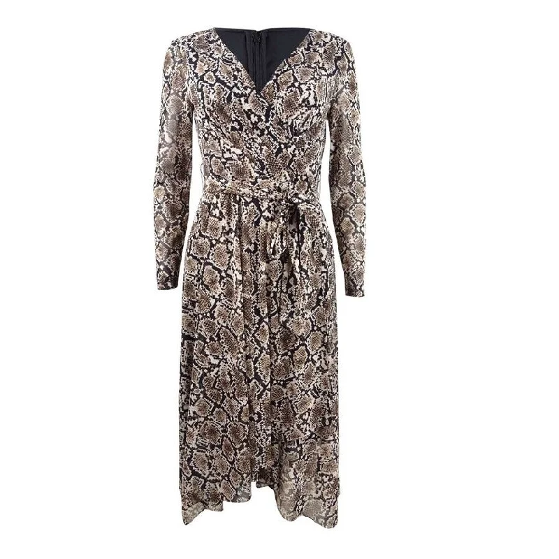 DKNY Women's Mesh Animal Print Wrap Handkerchief Dress (2, Natural Multi)