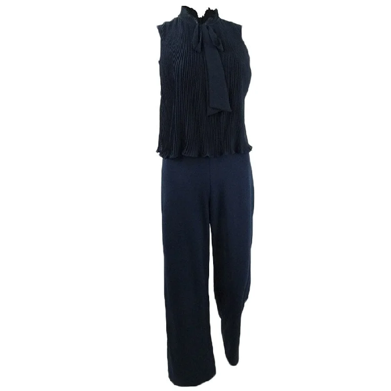 DKNY Women's S/L Tie Neck Pleated Combo Jumpsuit