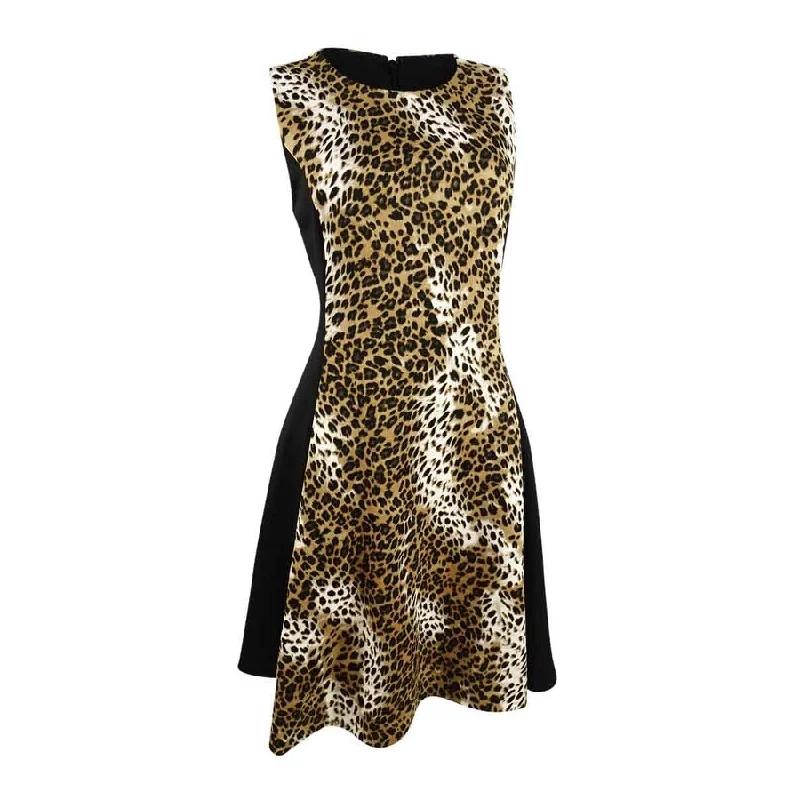 DKNY Women's Scuba Colorblock Animal Print Dress (4, Natural Multi/Black)