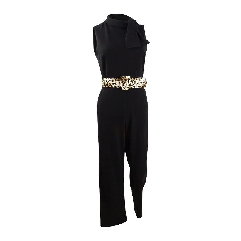 DKNY Women's Tie Neck Leopard Belt Jumpsuit