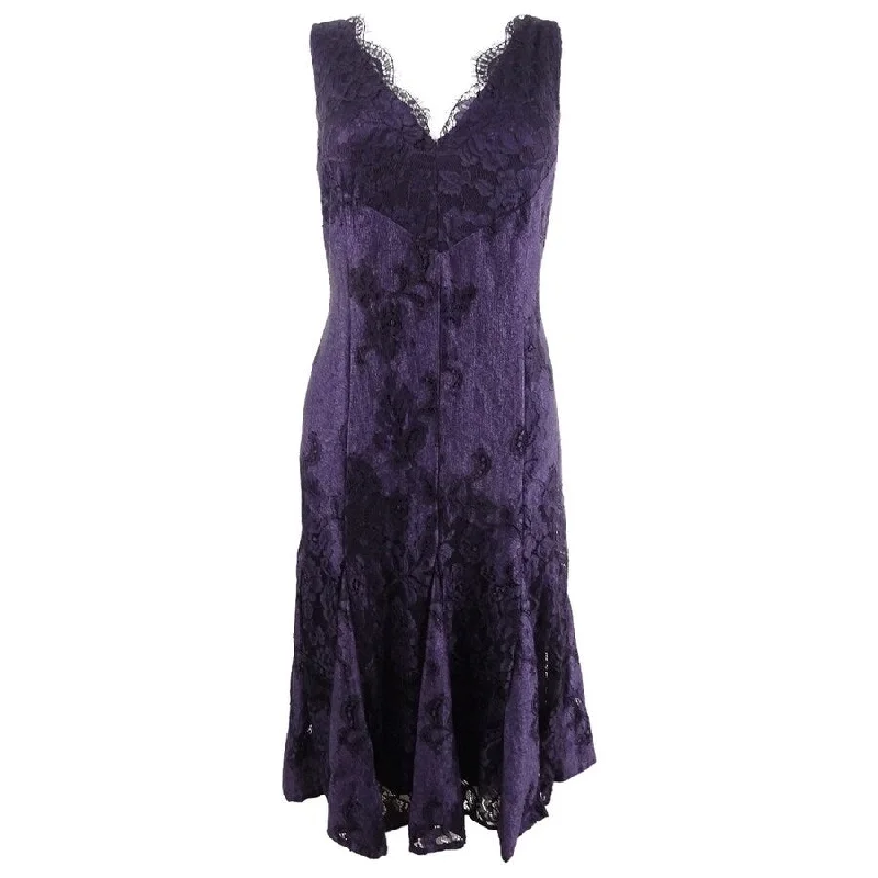 DKNY Women's V-Neck Scalloped Lace Dress (4, Aubergine)