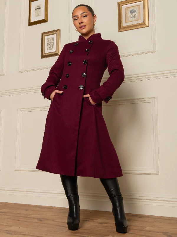 Double Breasted Button Detail Fit And Flare Coat, Burgundy