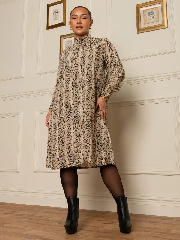 HIGH NECK PRINTED LOOSE FITTING DRESS, Taupe Multi