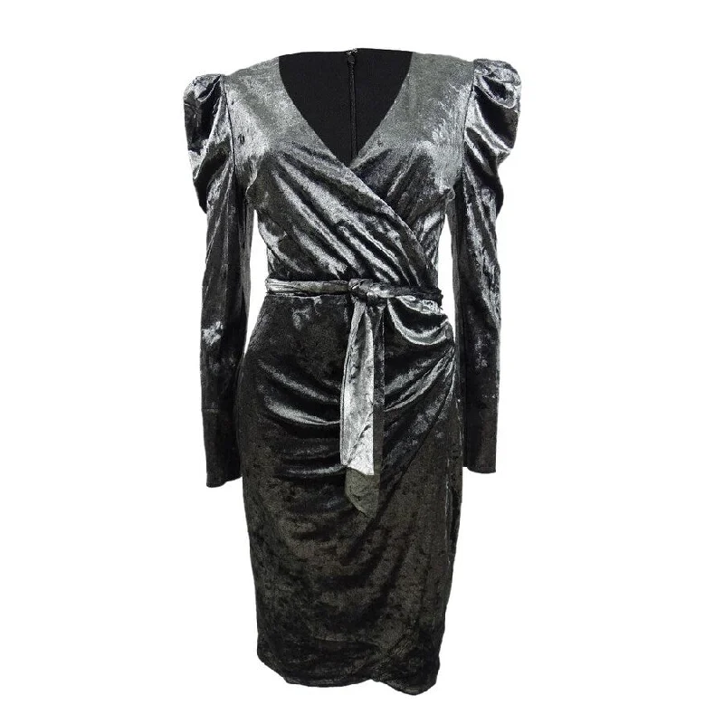 INC International Concepts Women’s Puff-Sleeve Velvet Wrap Dress (S, Silver)