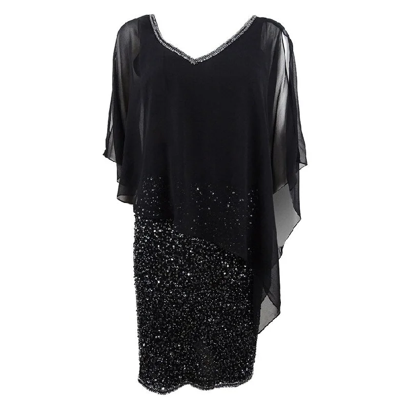 J Kara Women's Embellished Capelet Dress (14, Black/Mercury)