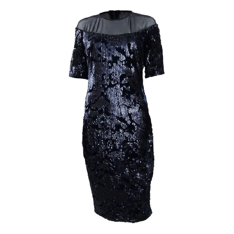 Jax Sequined Velvet Illusion Dress (2, Navy)