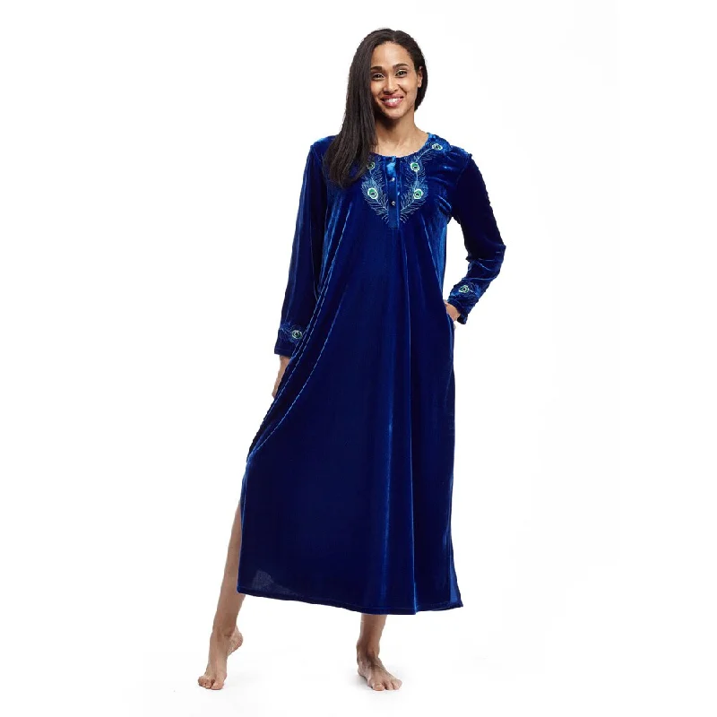 La Cera Women's Blue/ Gold Embroidered Velvet Dress