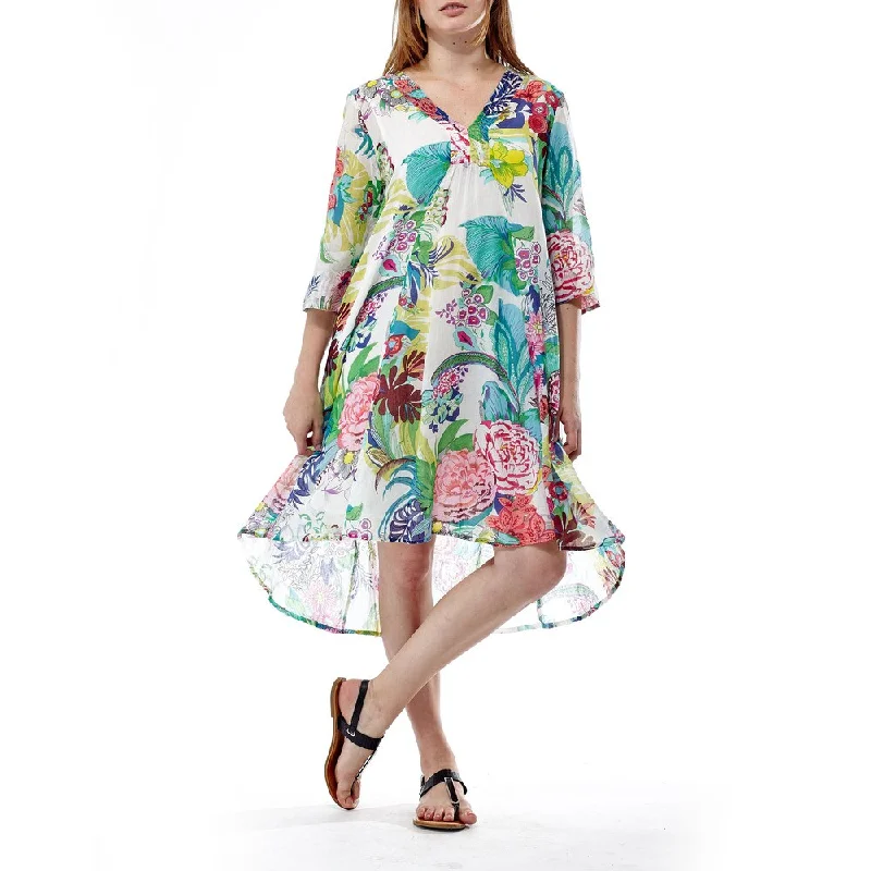 La Cera Women's Multicolored Cotton 3/4-sleeve Floral Pullover Dress