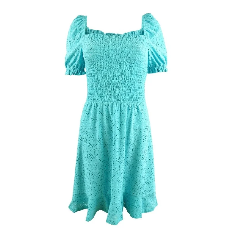 MICHAEL Michael Kors Women's Eyelet Smocked Peasant Dress (L, Turquoise)