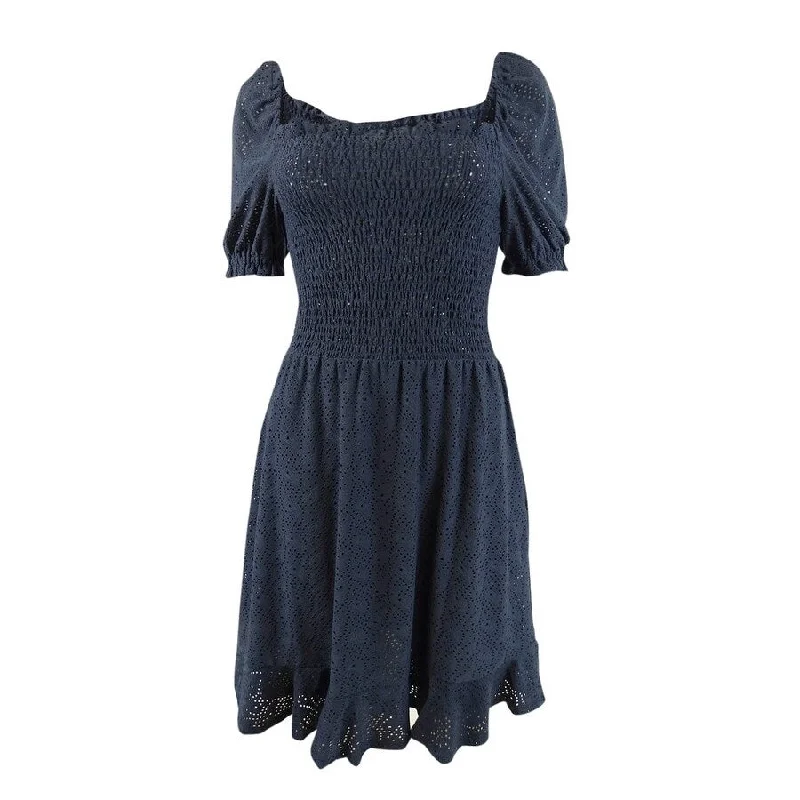 MICHAEL Michael Kors Women's Eyelet Smocked Peasant Dress (M, Navy)