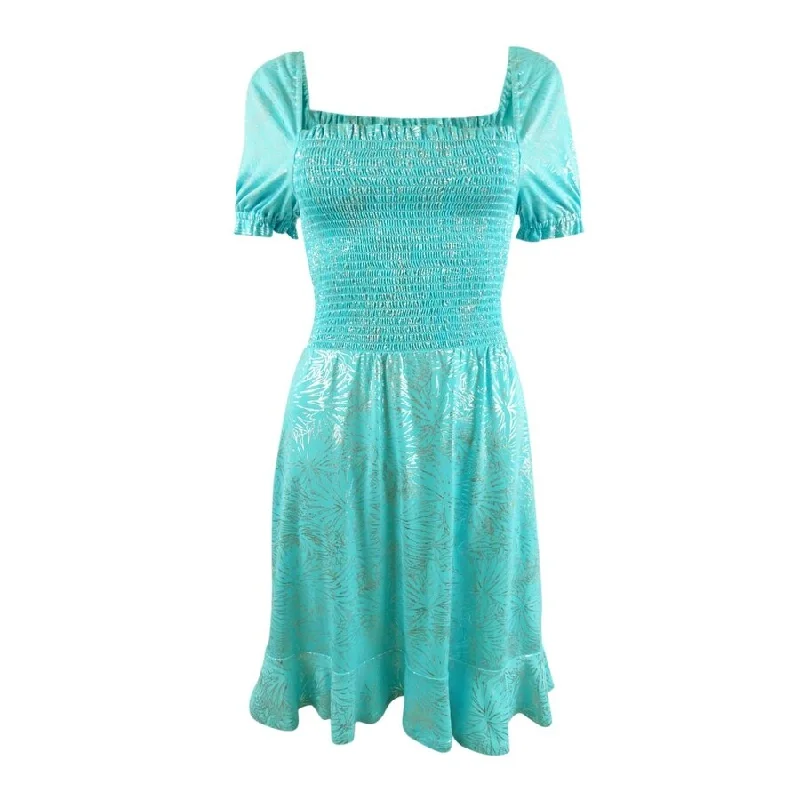 MICHAEL Michael Kors Women's Foil-Print Smocked Peasant Dress (S, Turquoise)