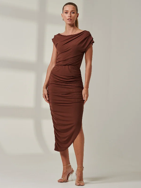 Sample Sale - Ruched Off The Shoulder Dress, Chocolate