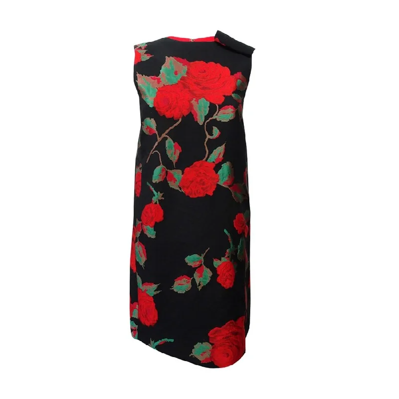 Tahari ASL Women's Floral Jacquard Flyaway Shift Dress (2, Black/Crimson/Green)