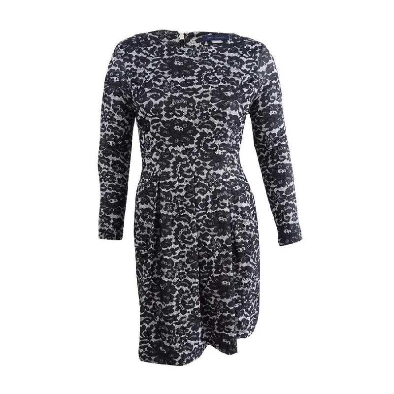 Tommy Hilfiger Women's Lace-Print A-Line Dress (16, Black/Ivory)