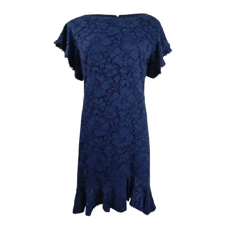 Vince Camuto Women's Lace Flounce-Hem Dress (10, Navy)