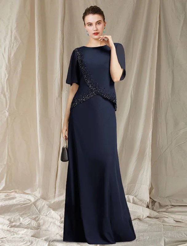 A-Line Mother of the Bride Dress Elegant Jewel Neck Floor Length Chiffon Short Sleeve with Crystals