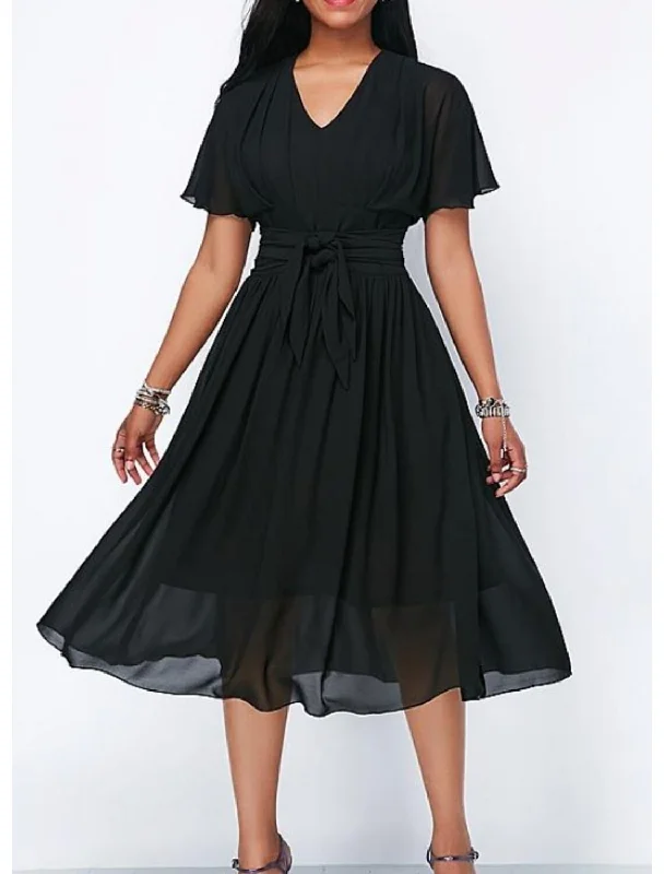 A-Line Mother of the Bride Dress Elegant V Neck Tea Length Chiffon Satin Short Sleeve with Sash / Ribbon Pleats