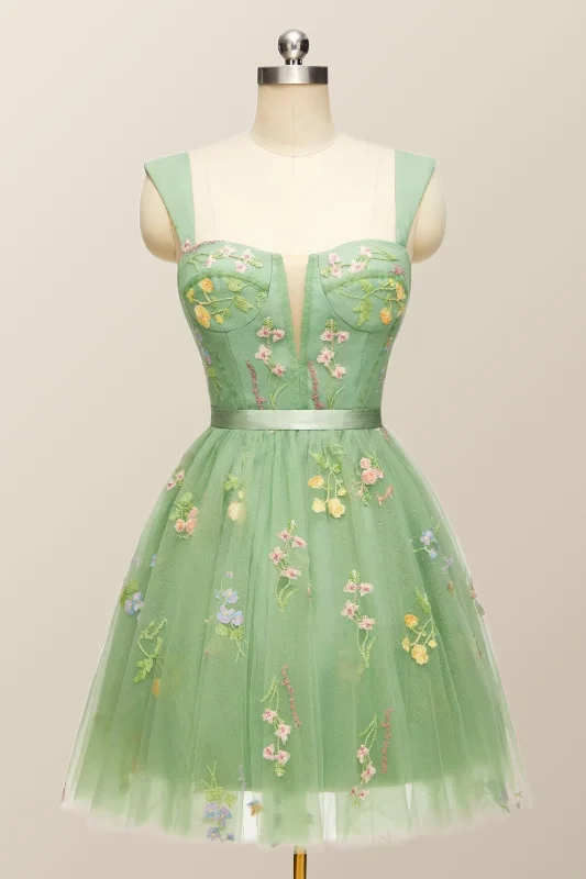 Green Floral A-line Short Princess Dress with Square Neck