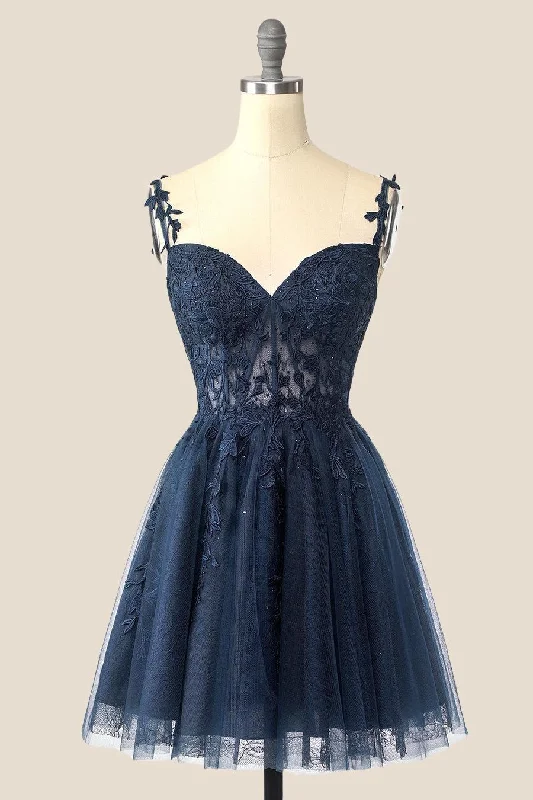 Navy Blue A-line Lace Appliques Short Homecoming Dress