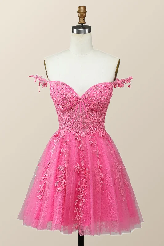 Off the Shoulder Hot Pink Lace Short Homecoming Dress