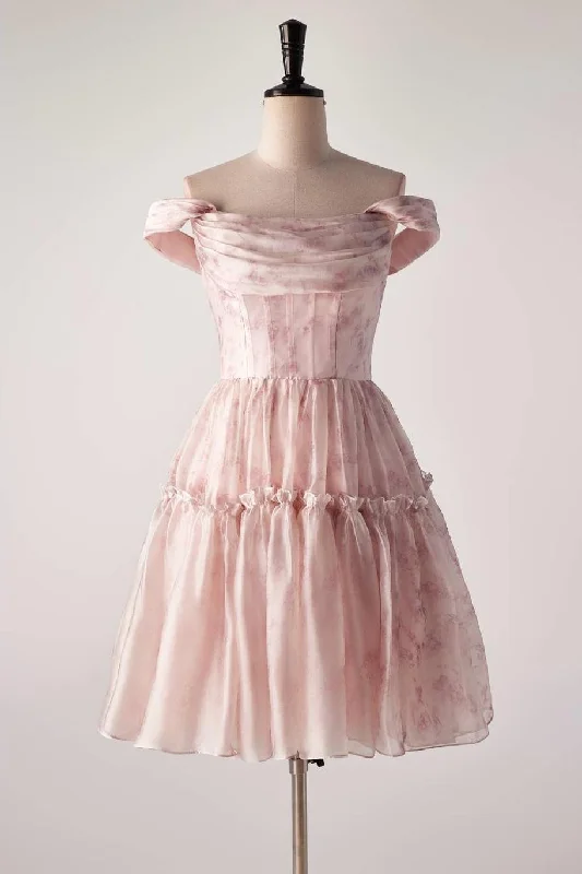 Off the Shoulder Pink Floral Pleated Short Dress