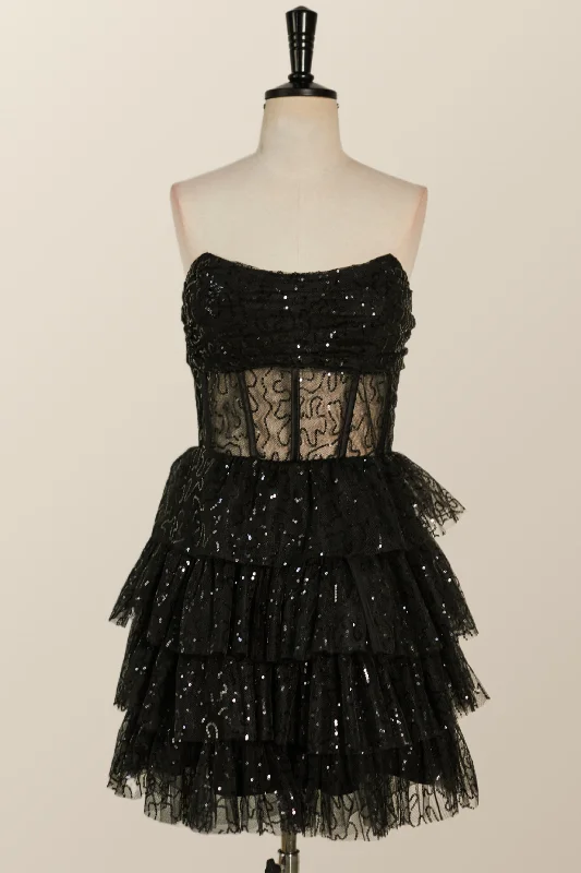 Strapless Black Illusion Ruffles A-line Short Dress