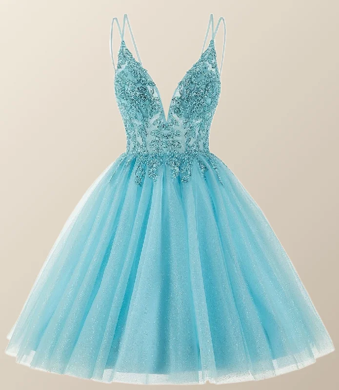 Straps Blue Beaded A-line Short Homecoming Dress