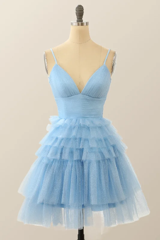 Straps Blue Tiered Ruffle Short A-line Homecoming Dress