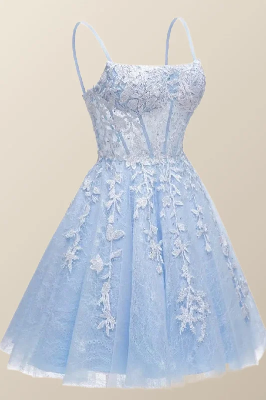 Straps Sky Blue Appliques Short Homecoming Dress