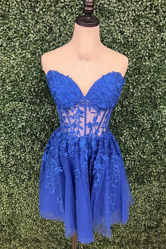 Sweetheart Royal Blue Lace Appliques Short Dress