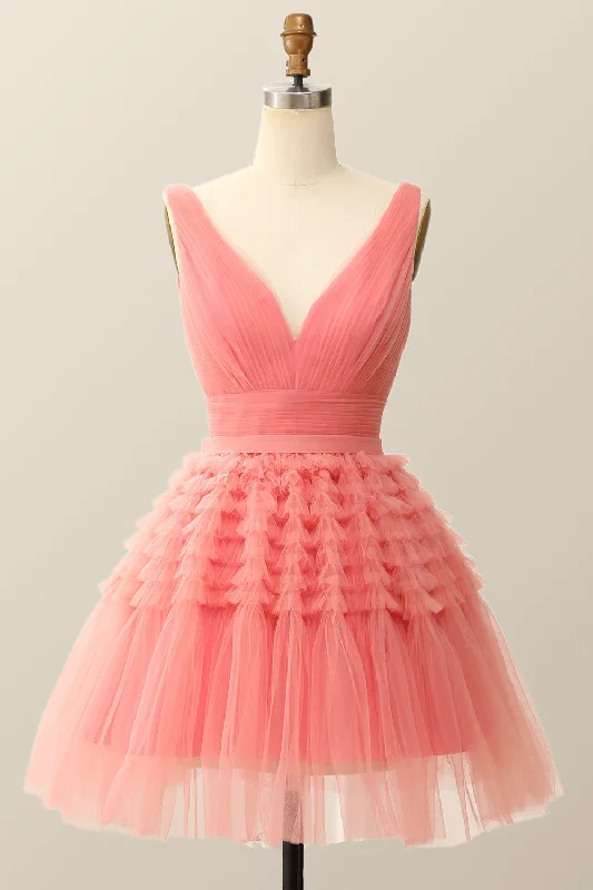 V Neck Coral Ruffle A-line Short Homecoming Dress