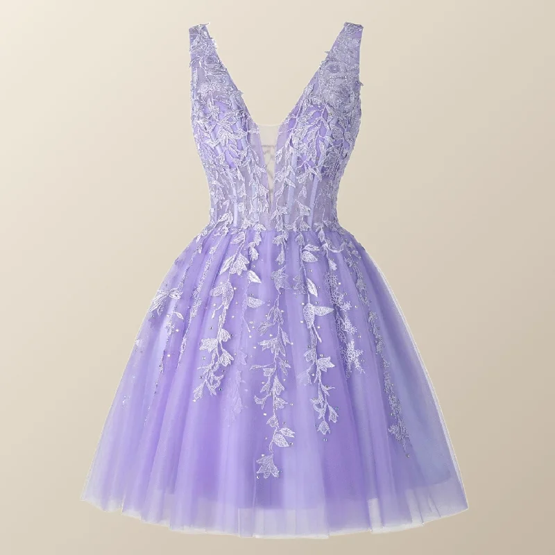 V Neck Lavender Appliques A-line Short Homecoming Dress